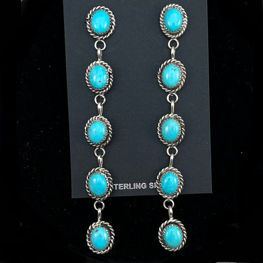 Long Dangle Turquoise stone earrings, sterling silver Boho jewelry Maxine Ramirez