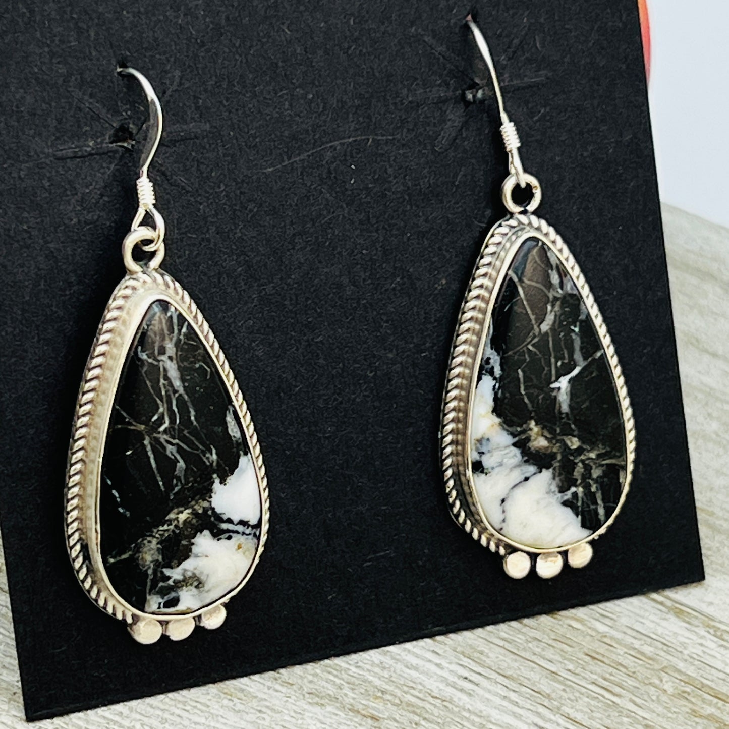 White Buffalo stone dangle earrings sterling silver Sharon McCarthy Navajo ER50