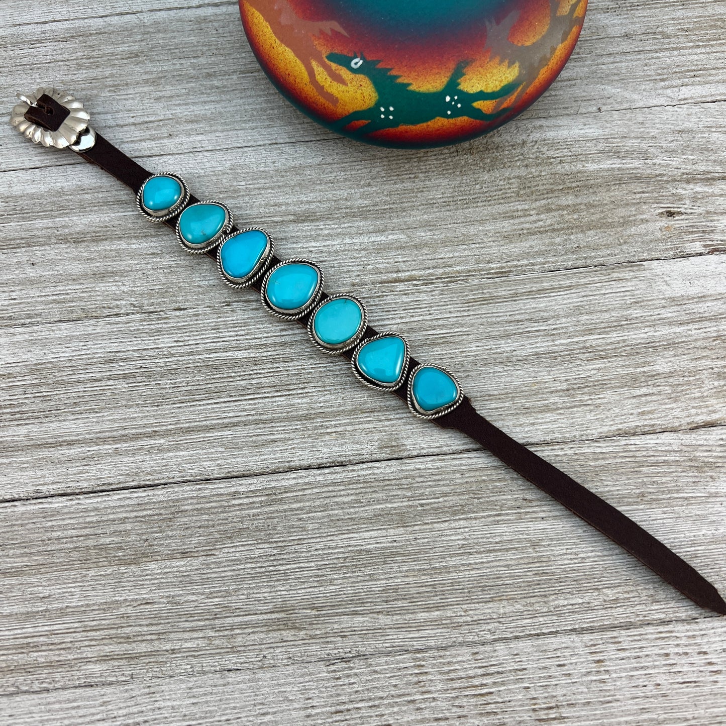 Real Turquoise leather Sterling silver bracelet #3, adjustable Navajo Marlene Ramone