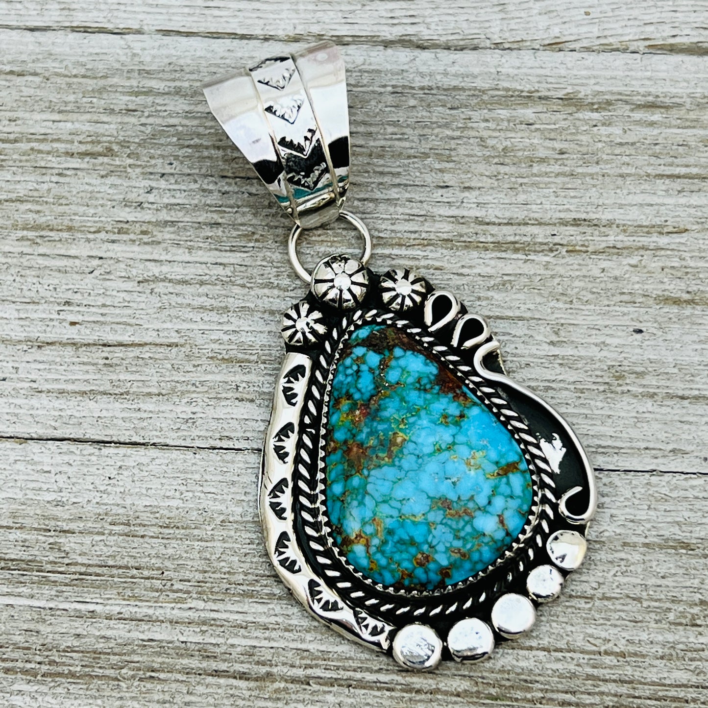 Blue Kingman Spiderweb Turquoise Pendant Navajo Sterling silver Phil Nez 858