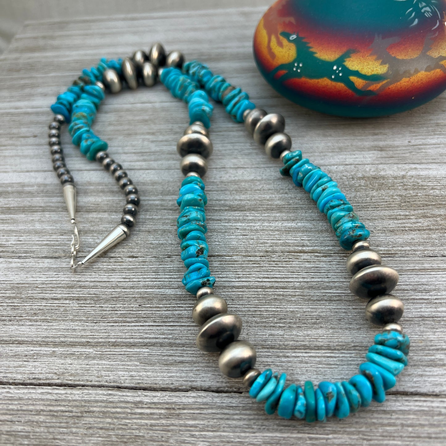 30" long blue turquoise bead nuggets necklace, sterling silver handmade Navajo pearls