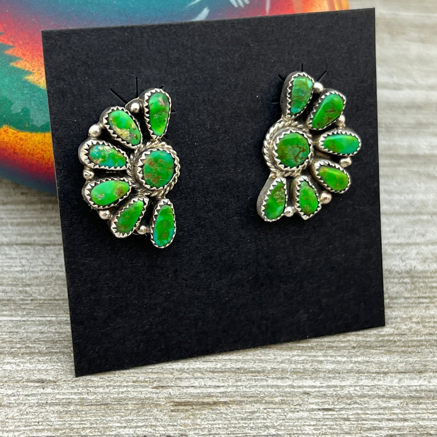Bright Green Sonoran Gold turquoise Half Cluster earrings Justina Wilson Navajo 881
