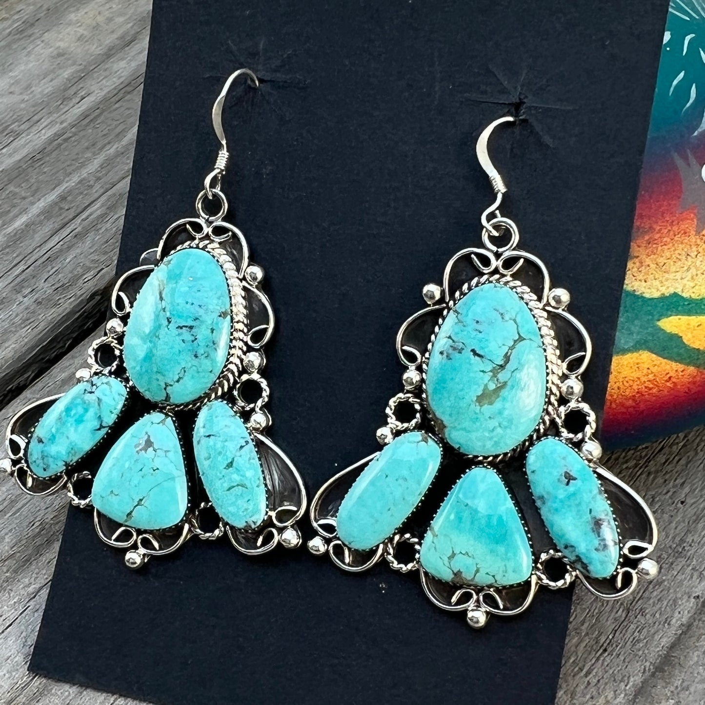 Large Turquoise cluster earrings sterling silver Charlene Yazzie Navajo handmade 698