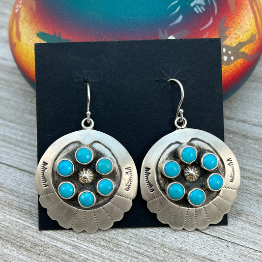 Dangle Concho cluster earrings sterling silver turquoise Kenny Lonjose signed 1