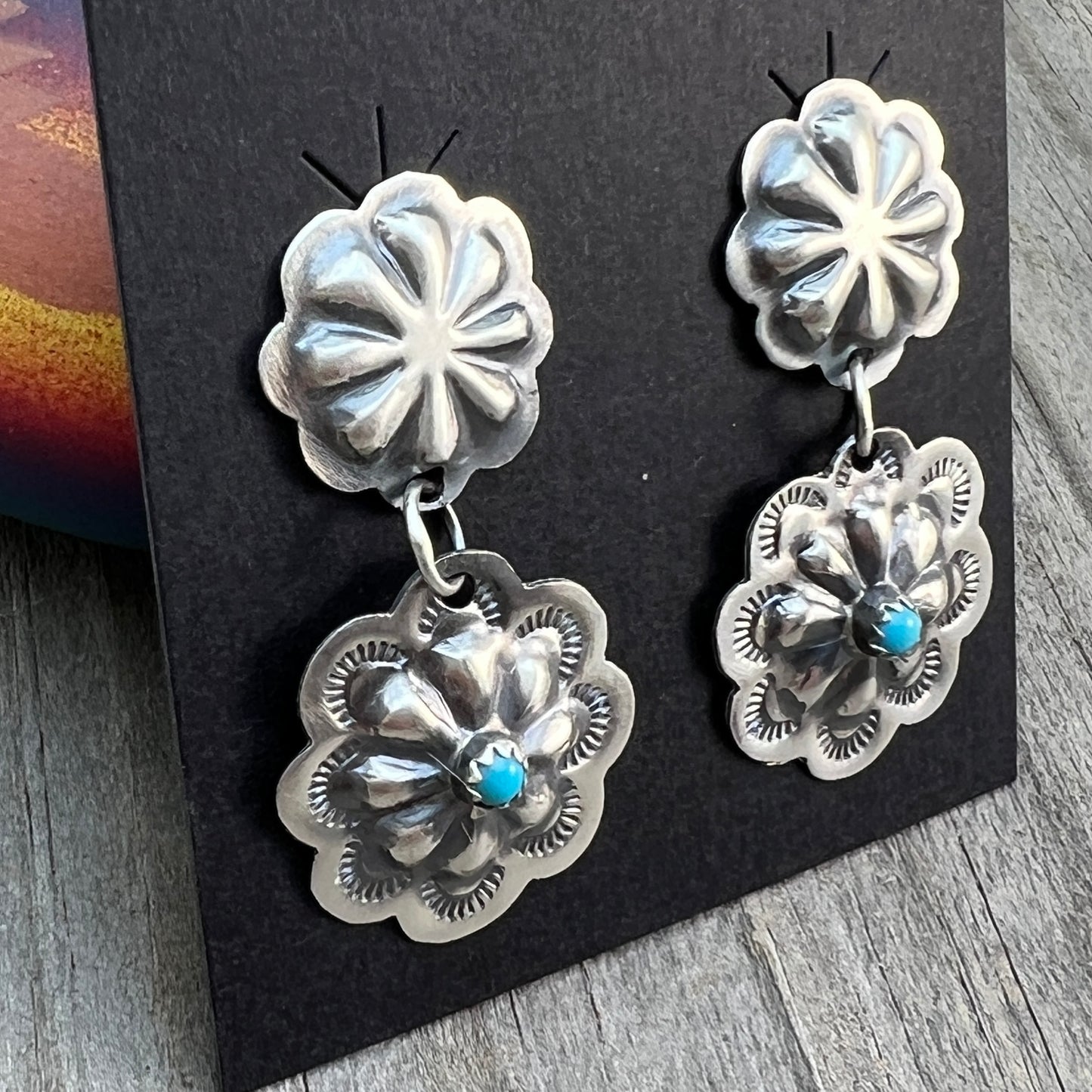 Turquoise stamped concho dangle earrings sterling silver Lavina Benally Navajo 714