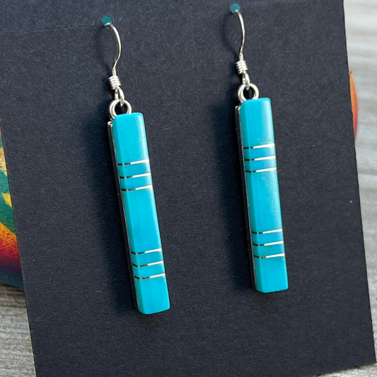 Modern Blue Turquoise inlay bar dangle earrings 2 sterling silver Zuni MaDerral Kallestewa