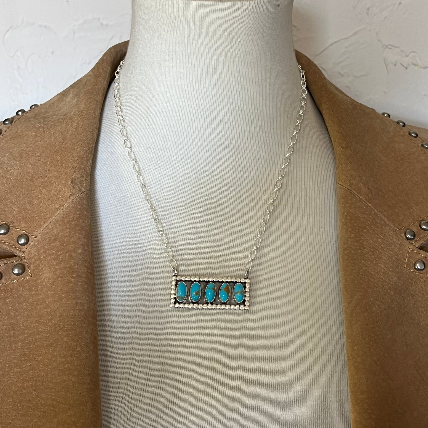 18" Blue Campitos turquoise rectangle bar necklace #2, Navajo handmade, sterling silver