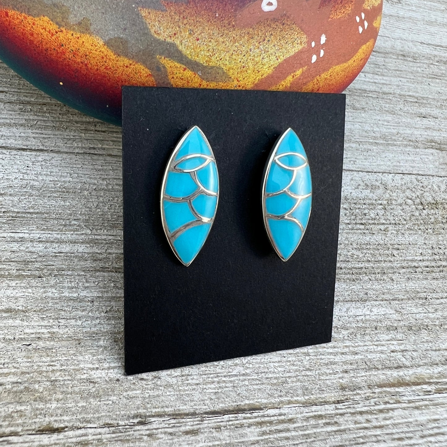 Zuni inlay turquoise fish scale design, marquis stud earrings, sterling silver, Orena Leekya