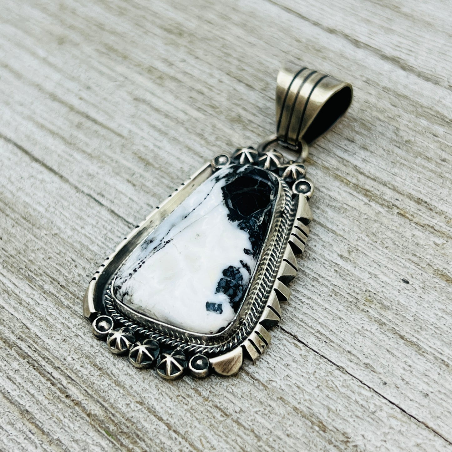 White Buffalo Stone Pendant Navajo Sterling silver Marita Benally
