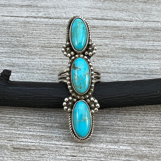 Size 7 Blue Campitos turquoise sterling silver long pointer ring Harold Becenti 490
