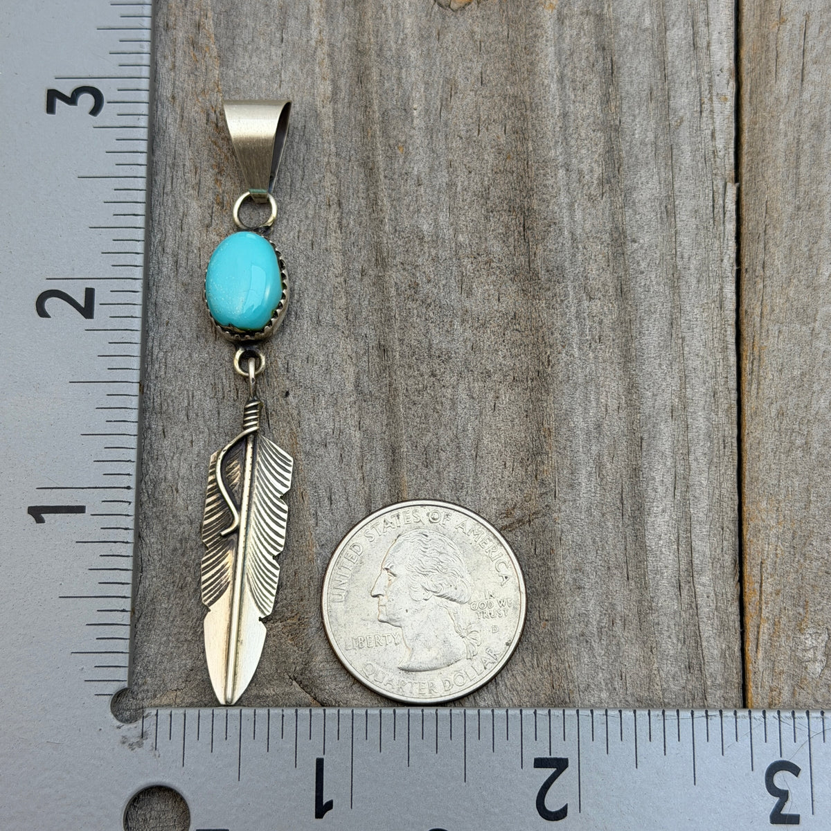 Blue Sonoran Turquoise sterling silver Feather Pendant Chris Charley Navajo PD1