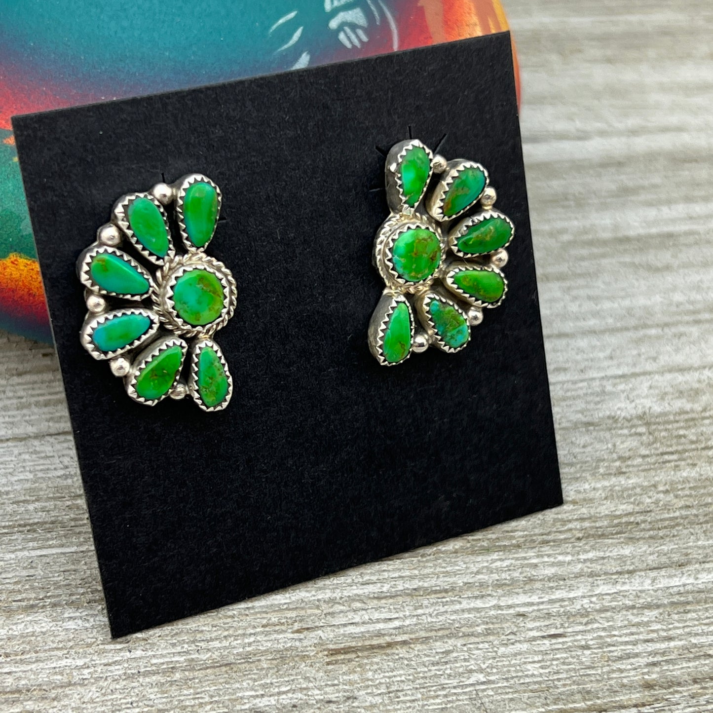 Bright Green Sonoran Gold turquoise Half Cluster earrings Justina Wilson Navajo 879