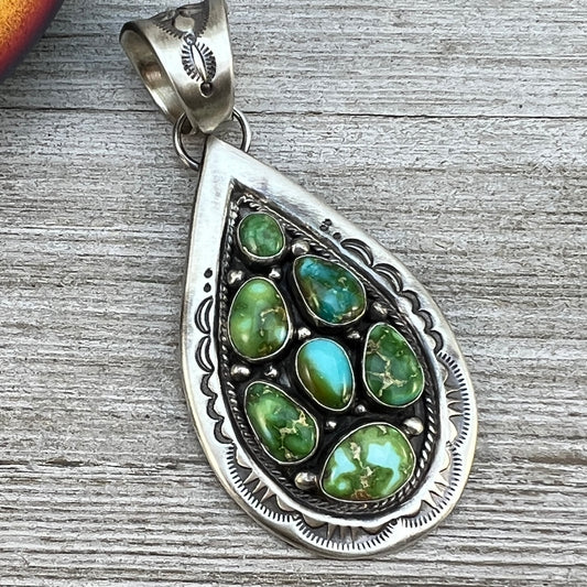 Sonoran Gold Turquoise Cluster Teardrop Pendant #1 Sterling silver Navajo Samuel Yellowhair