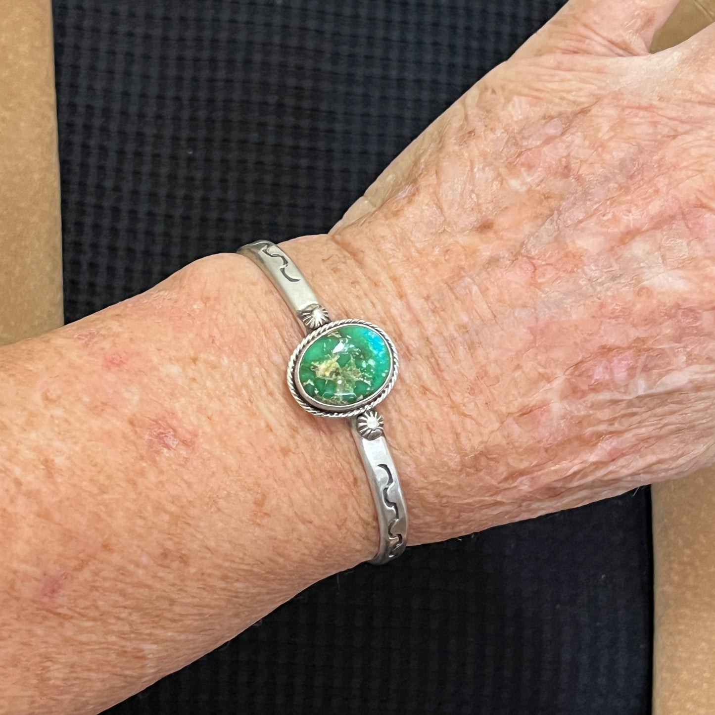 6.75 Green Sonoran Gold turquoise Cuff Bracelet, Sterling Silver Navajo Samuel Yellowhair