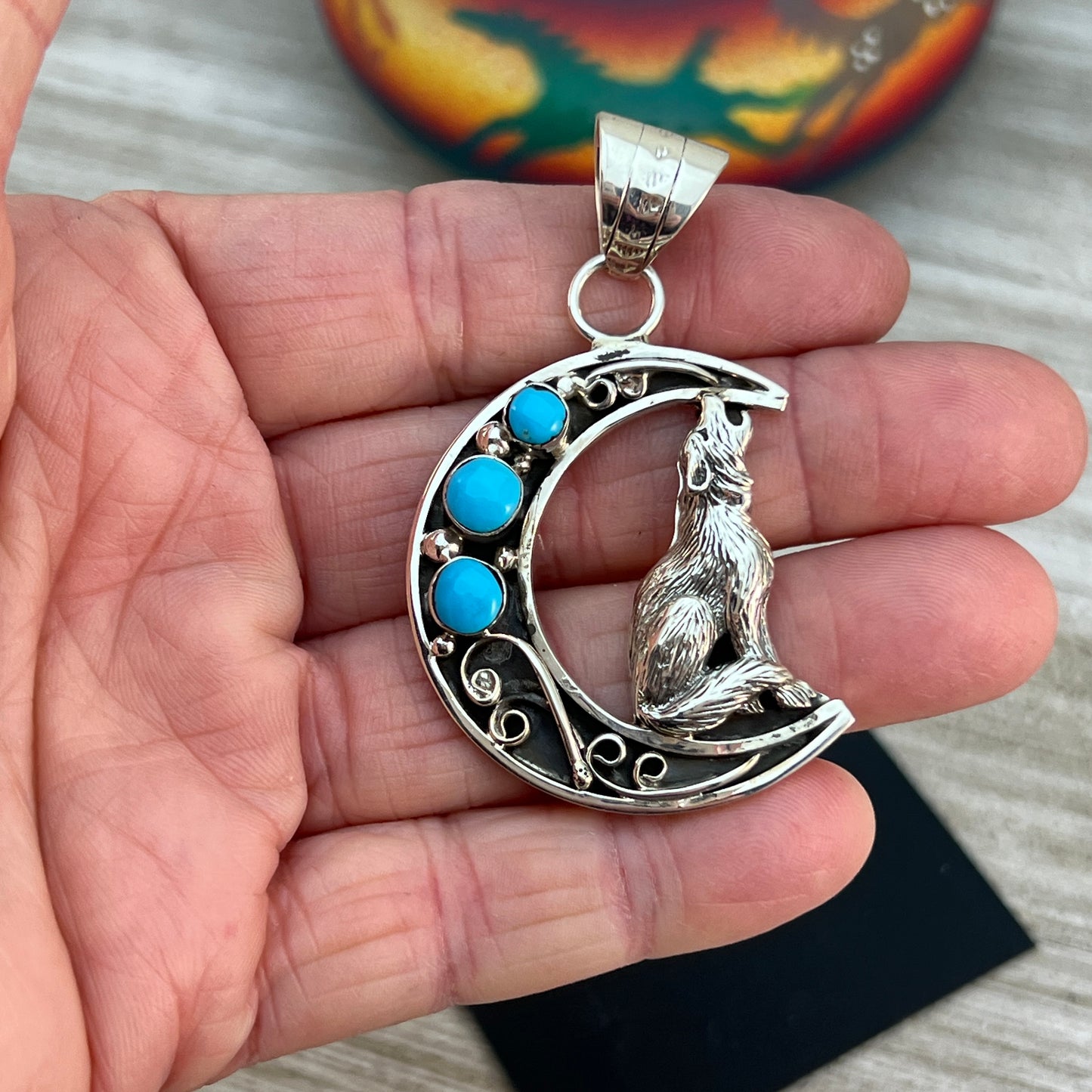 Howling Wolf Coyote moon pendant #3, Campitos turquoise, sterling silver,  Navajo handmade, Jennifer Cayaditto, signed, men women