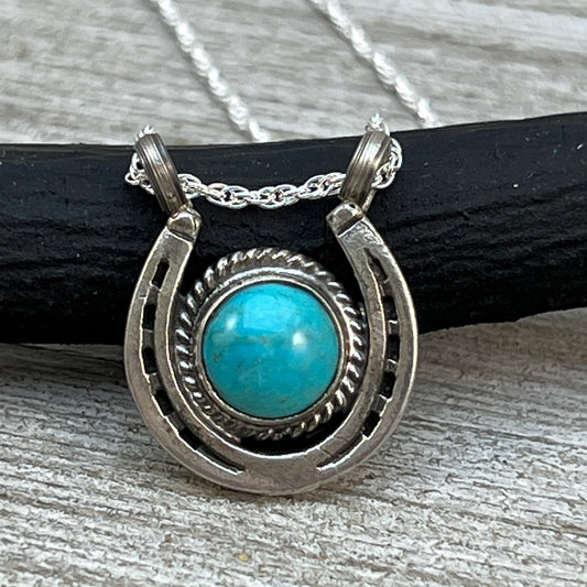 18" Sterling Silver Turquoise Horseshoe Necklace Cowgirl Rodeo Jewelry Annette Chiquito
