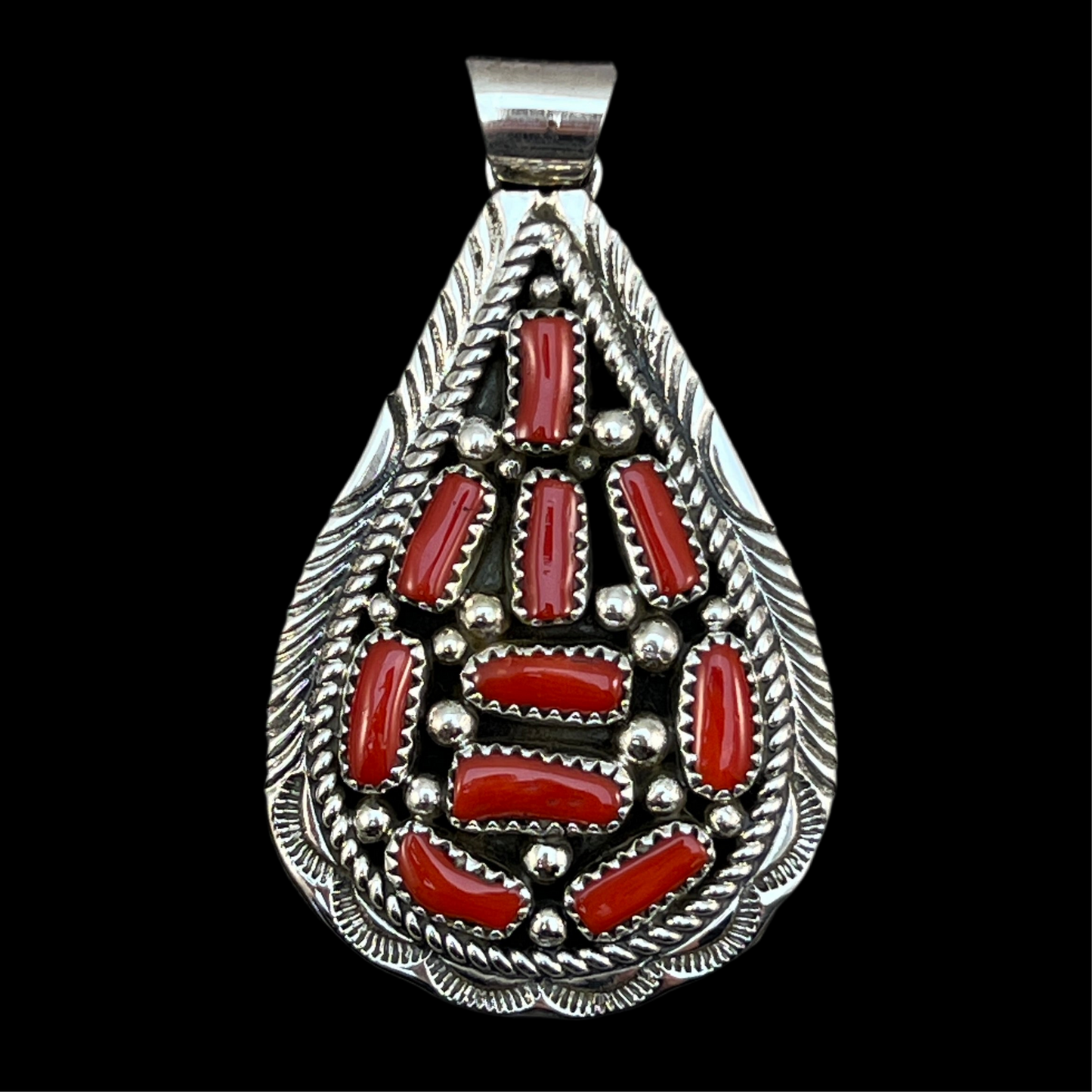Mediterranean Red Coral Cluster Pendant Navajo handmade Marlene Jones Sterling Silver 1