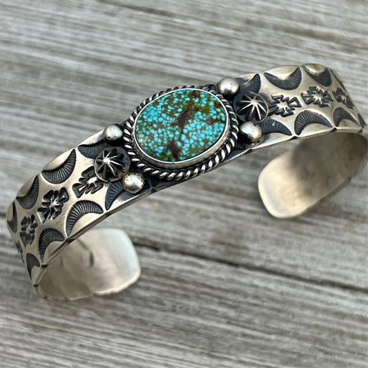 7" Kingman spiderweb turquoise Cuff Bracelet, Sterling Silver Navajo Kevin Billah
