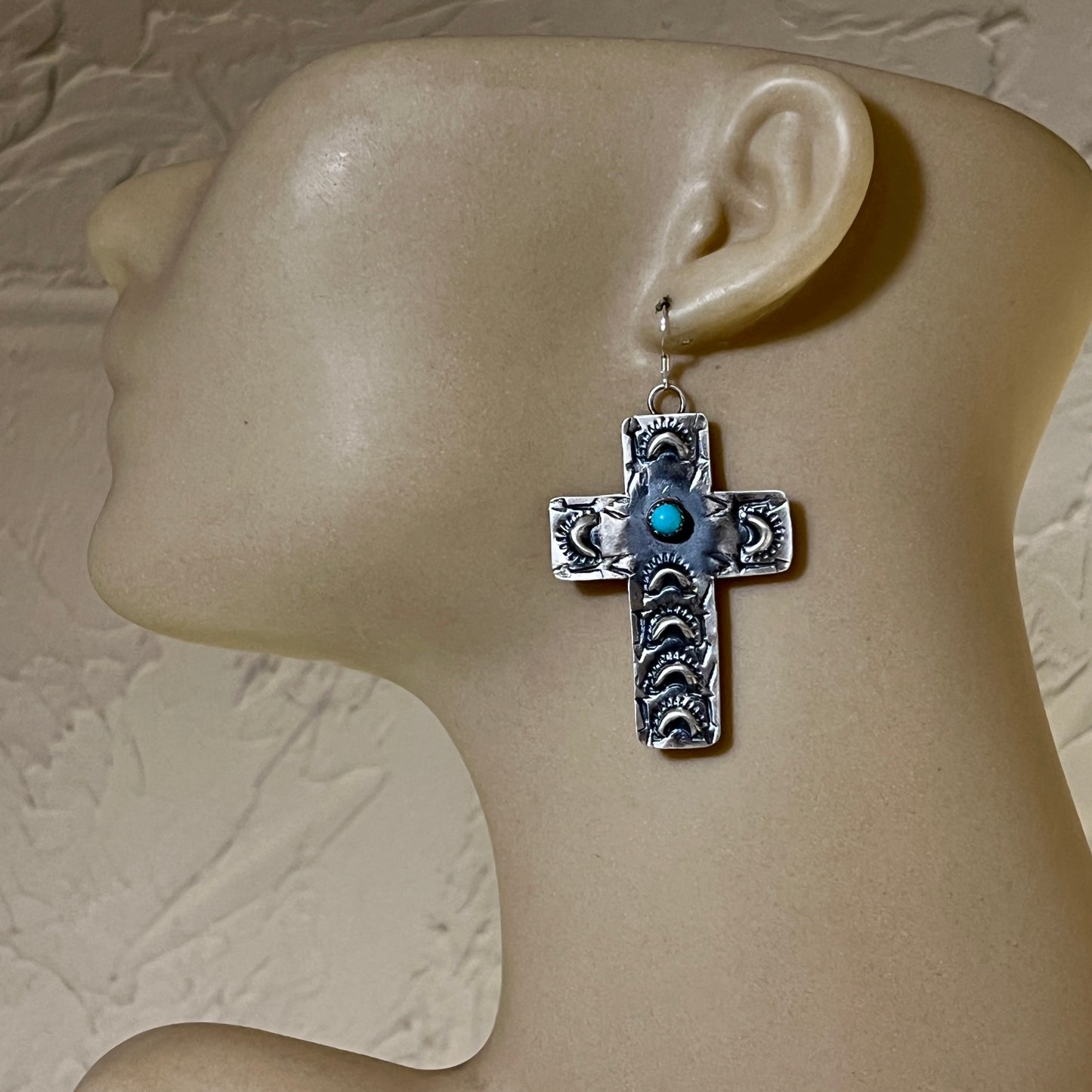 Navajo handmade large cross dangle earrings sterling silver turquoise Tim Yazzie 395
