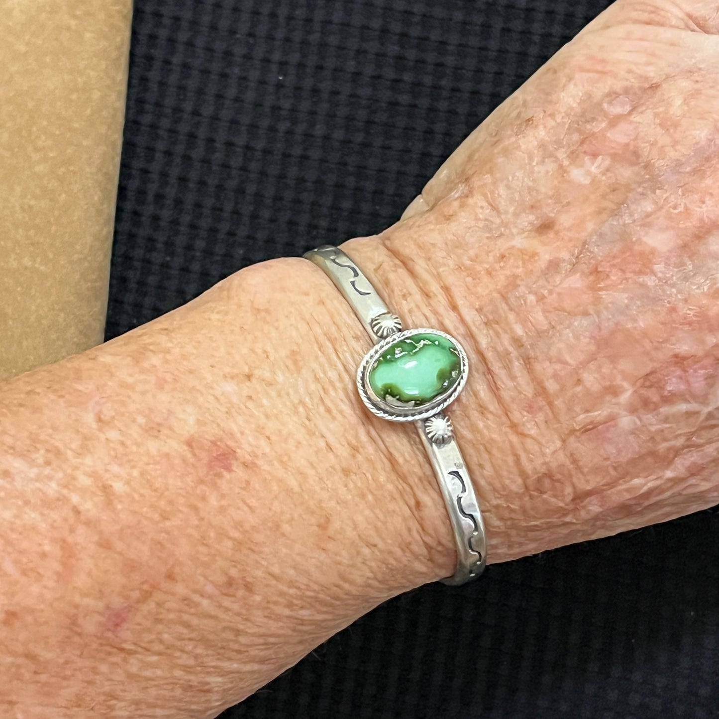 6.75" Green Sonoran Gold turquoise Cuff Bracelet, Sterling Silver Navajo Samuel Yellowhair