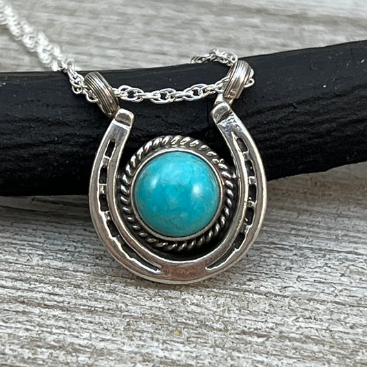 18" Sterling Silver Turquoise Horseshoe Necklace Cowgirl Rodeo Jewelry Annette Chiquito