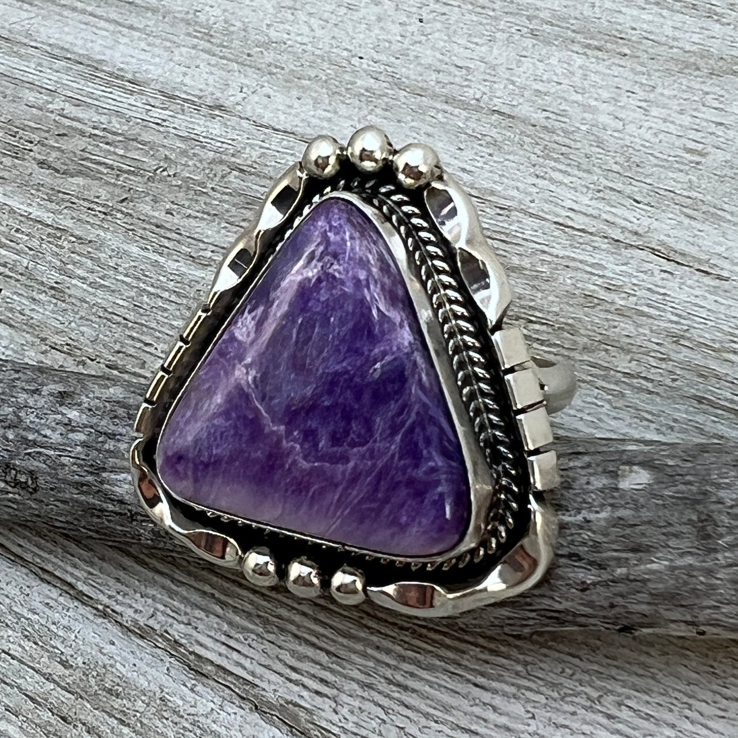 Size 8 3/4” Charoite sterling silver handmade ring #14 Navajo Samuel Yellowhair