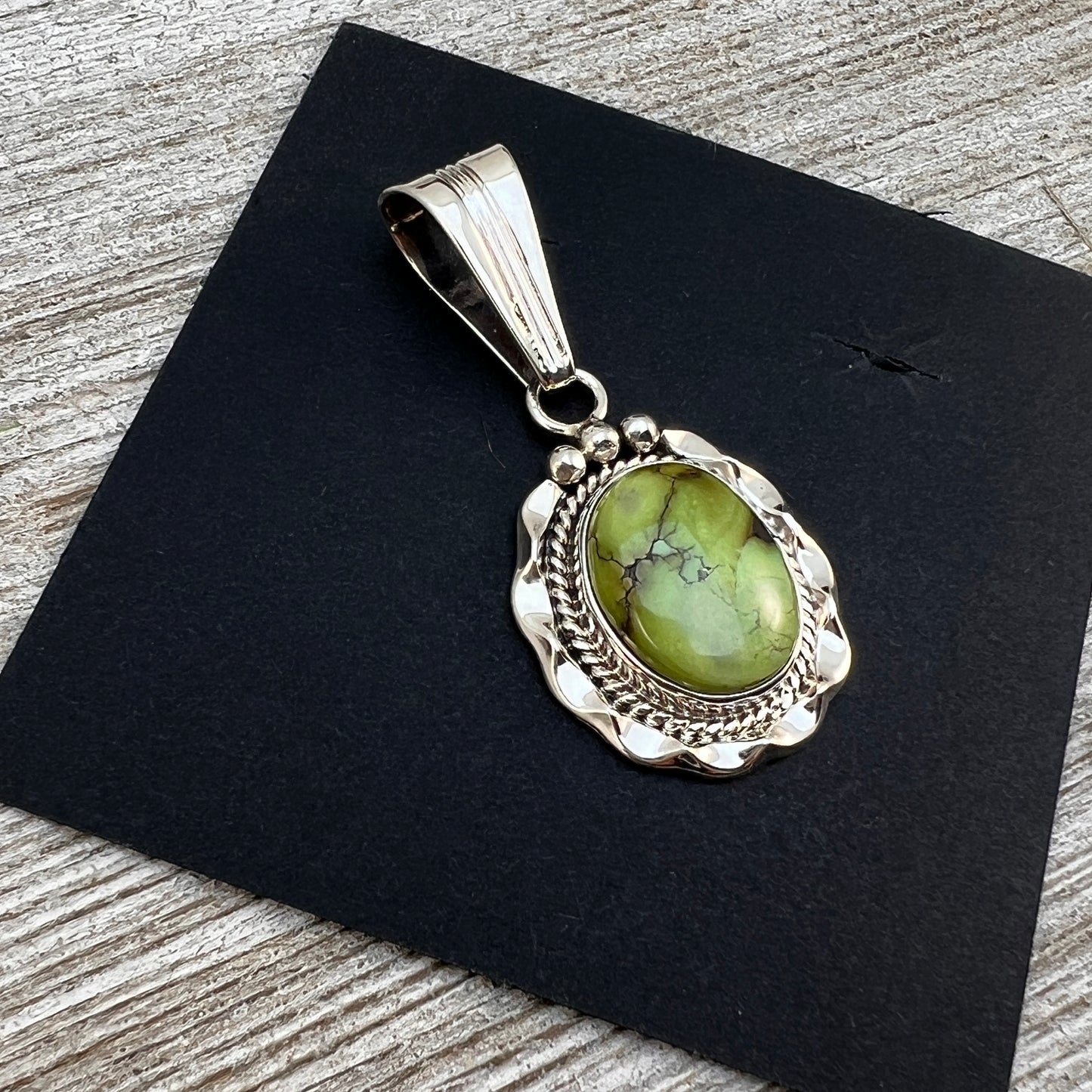 Green Sonoran Turquoise Pendant 3, Sterling Silver Samuel Yellowhair