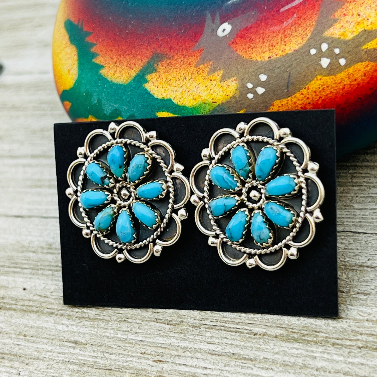 Turquoise Petit Point Round Cluster Earrings Gerald Mitchell signed Sterling silver ER1