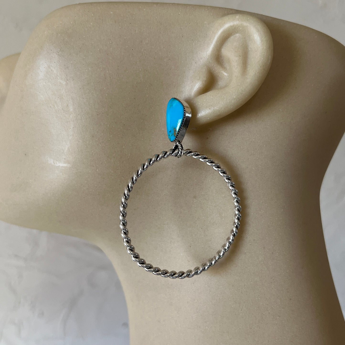 Blue Kingman turquoise hoop earrings, Navajo handmade, Jerome Lee #2, sterling silver post stud