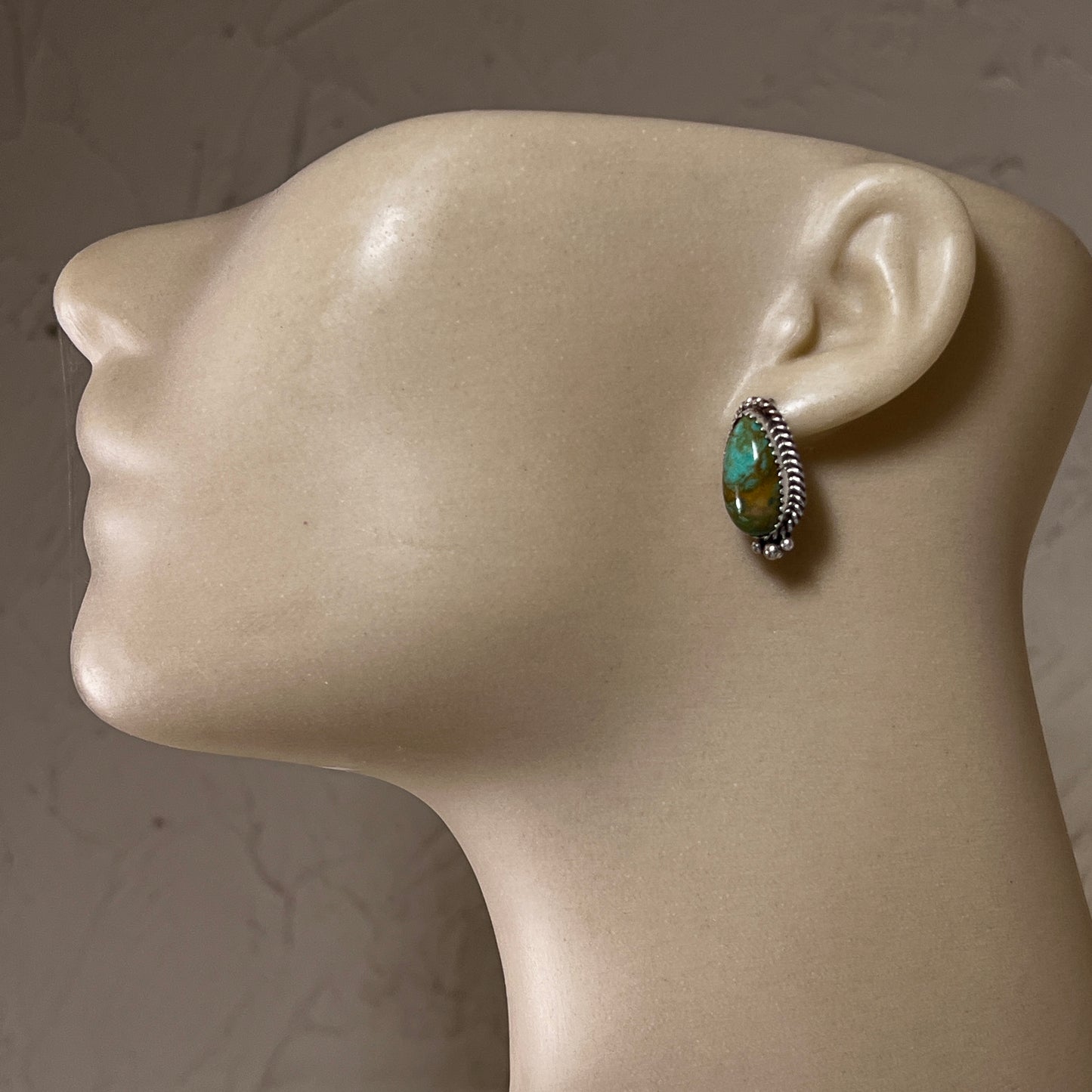 Green Kingman Turquoise Teardrop stud earrings sterling silver Theresa Smith Navajo 719