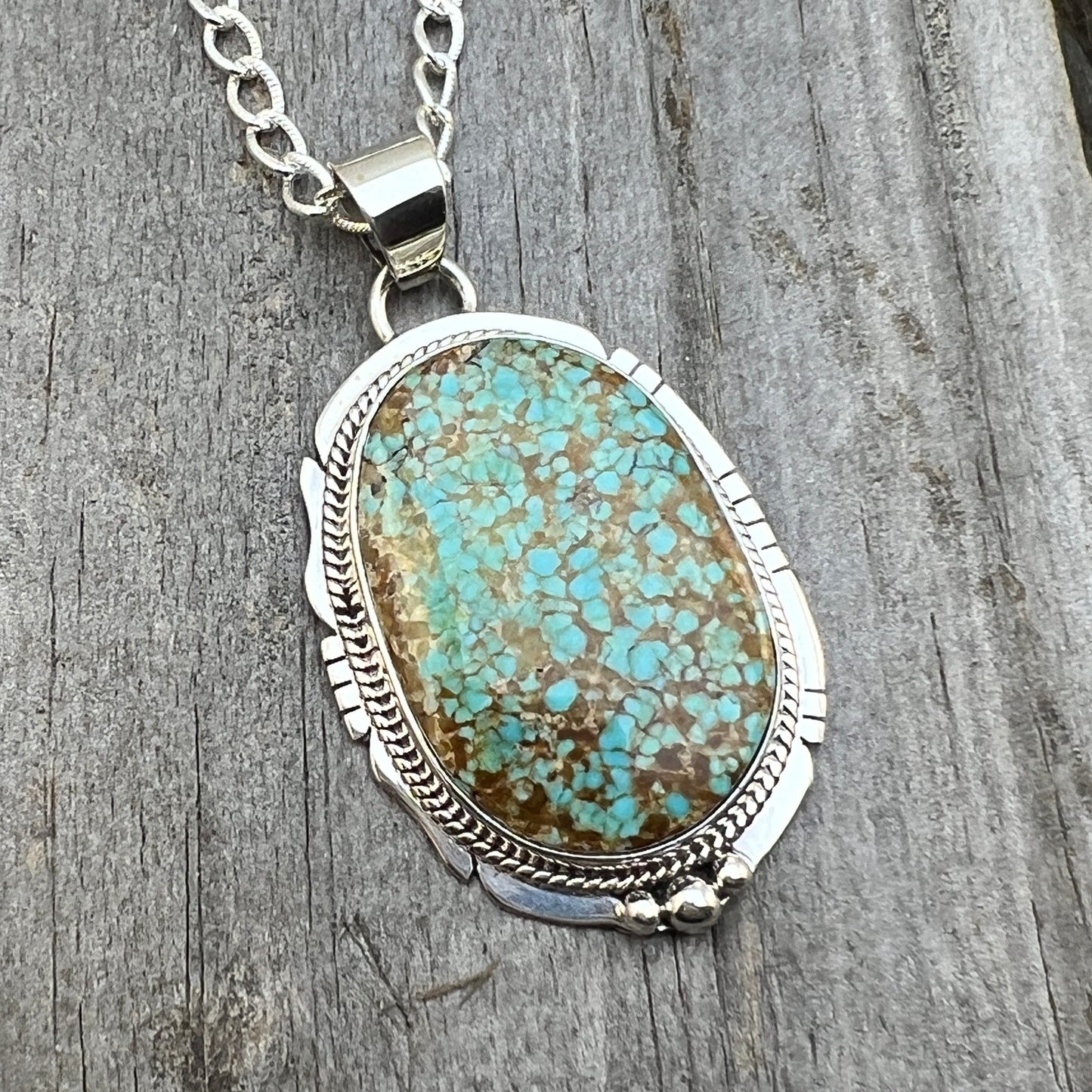 18" Sterling silver #8 Spiderweb turquoise necklace pendant Lucy Valencia Navajo 624