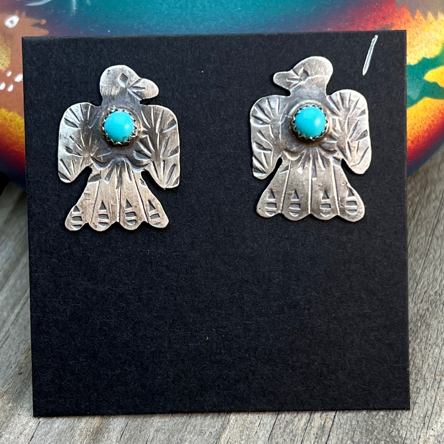 Turquoise thunderbird stud earrings oxidized Sterling silver Navajo Tim Yazzie 707