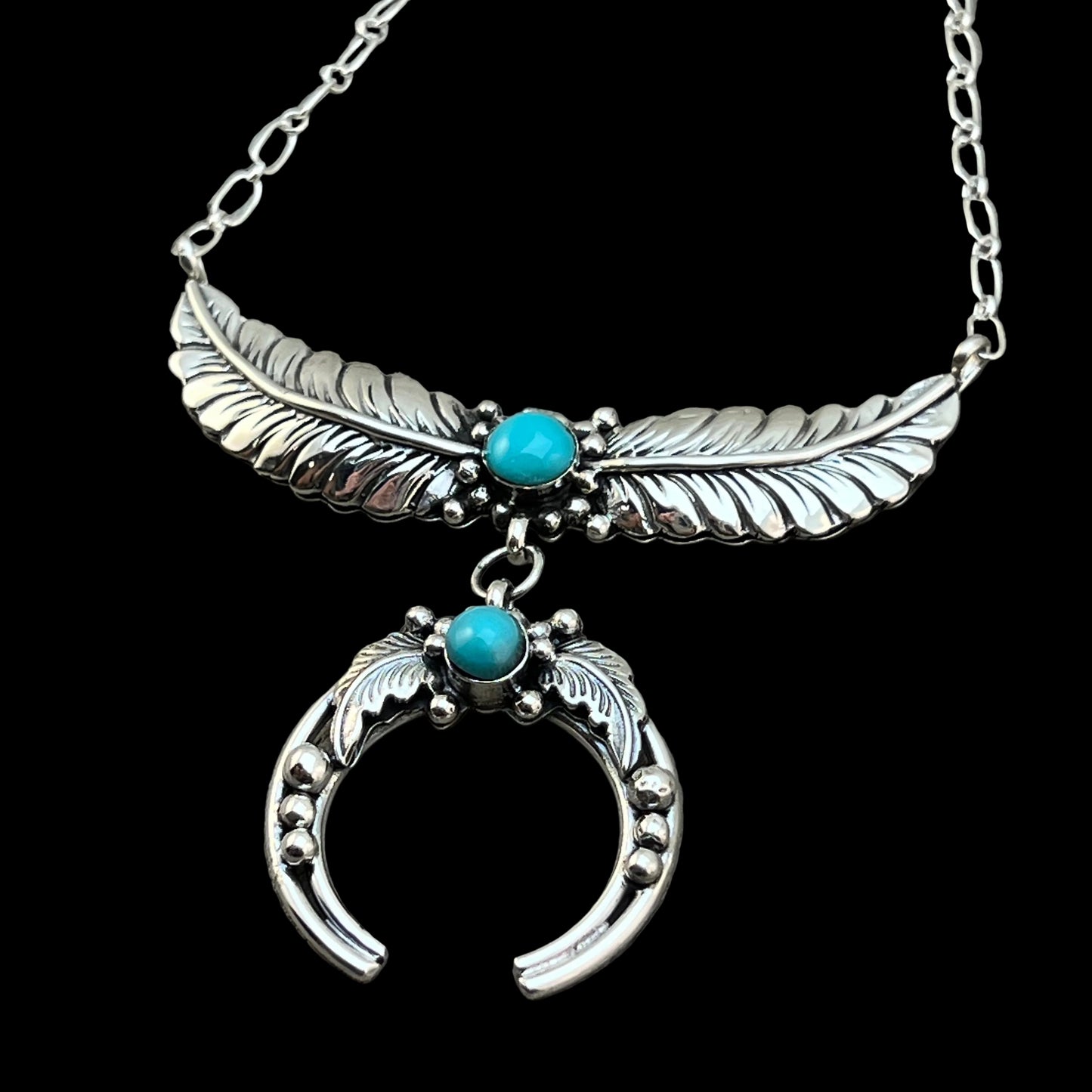 Real 925 sterling silver Campitos Turquoise Naja Floral Bar Necklace Light Blue Turquoise 831