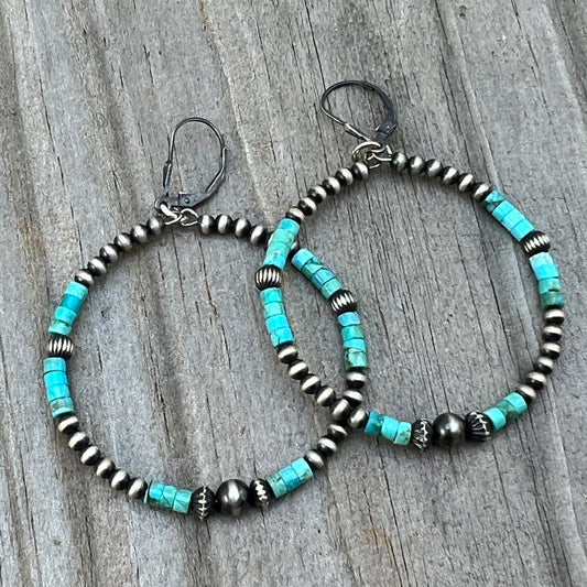 Blue Kingman Turquoise skinny hoop earrings Sterling silver Western pearls  804