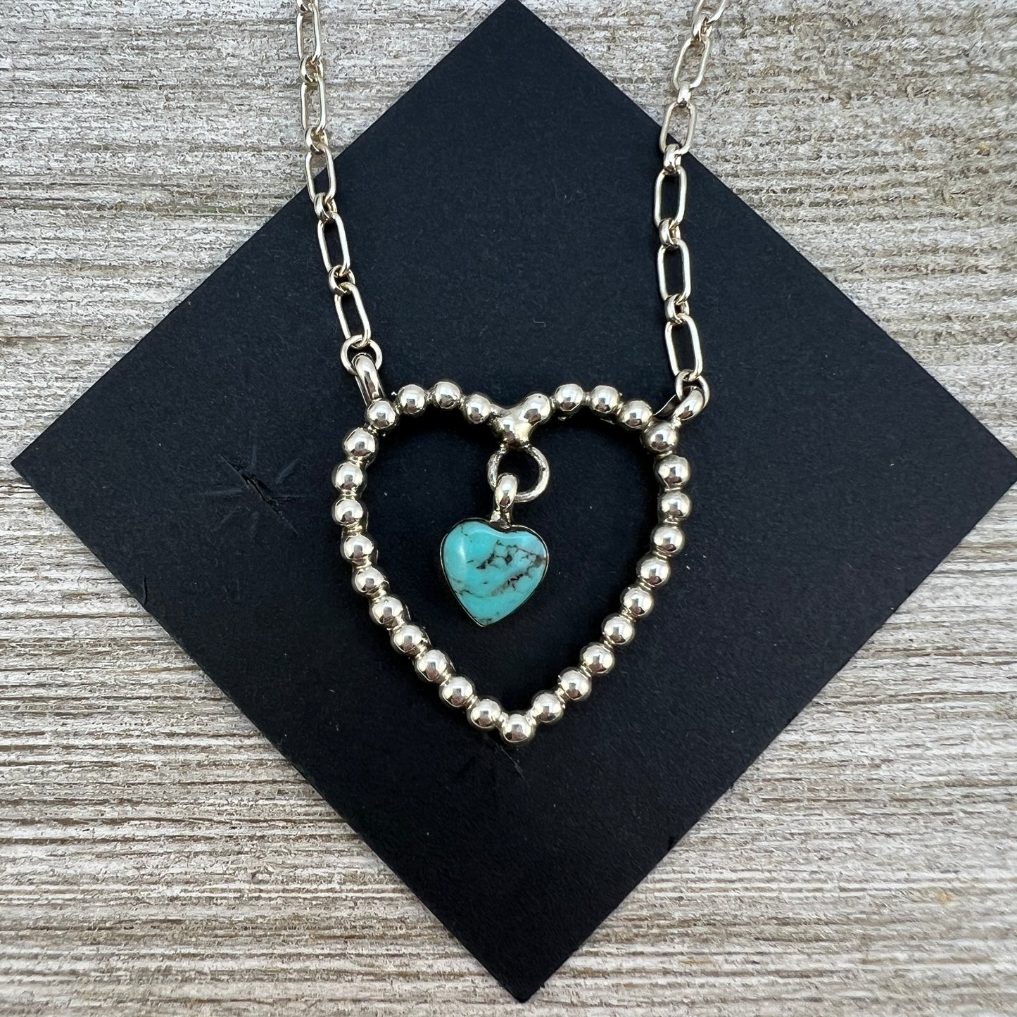 18”Sterling silver turquoise heart necklace #1, Navajo handmade, Franklin Johnson