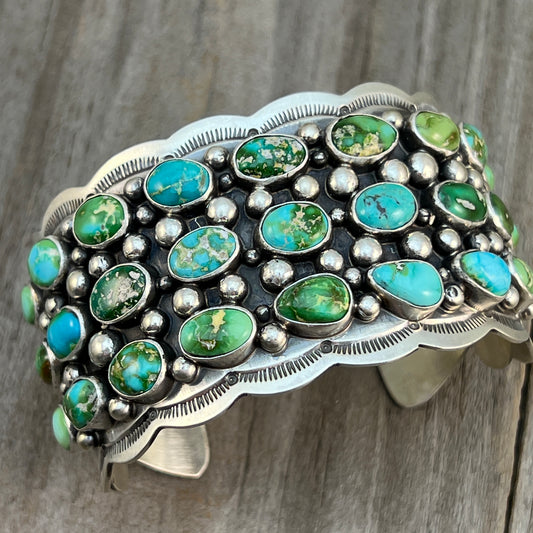 6 3/4" Green Blue Sonoran Turquoise Cuff Bracelet Sterling Silver Tom Lewis 513