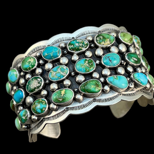 6 3/4" Green Blue Sonoran Turquoise Cuff Bracelet Sterling Silver Tom Lewis 513