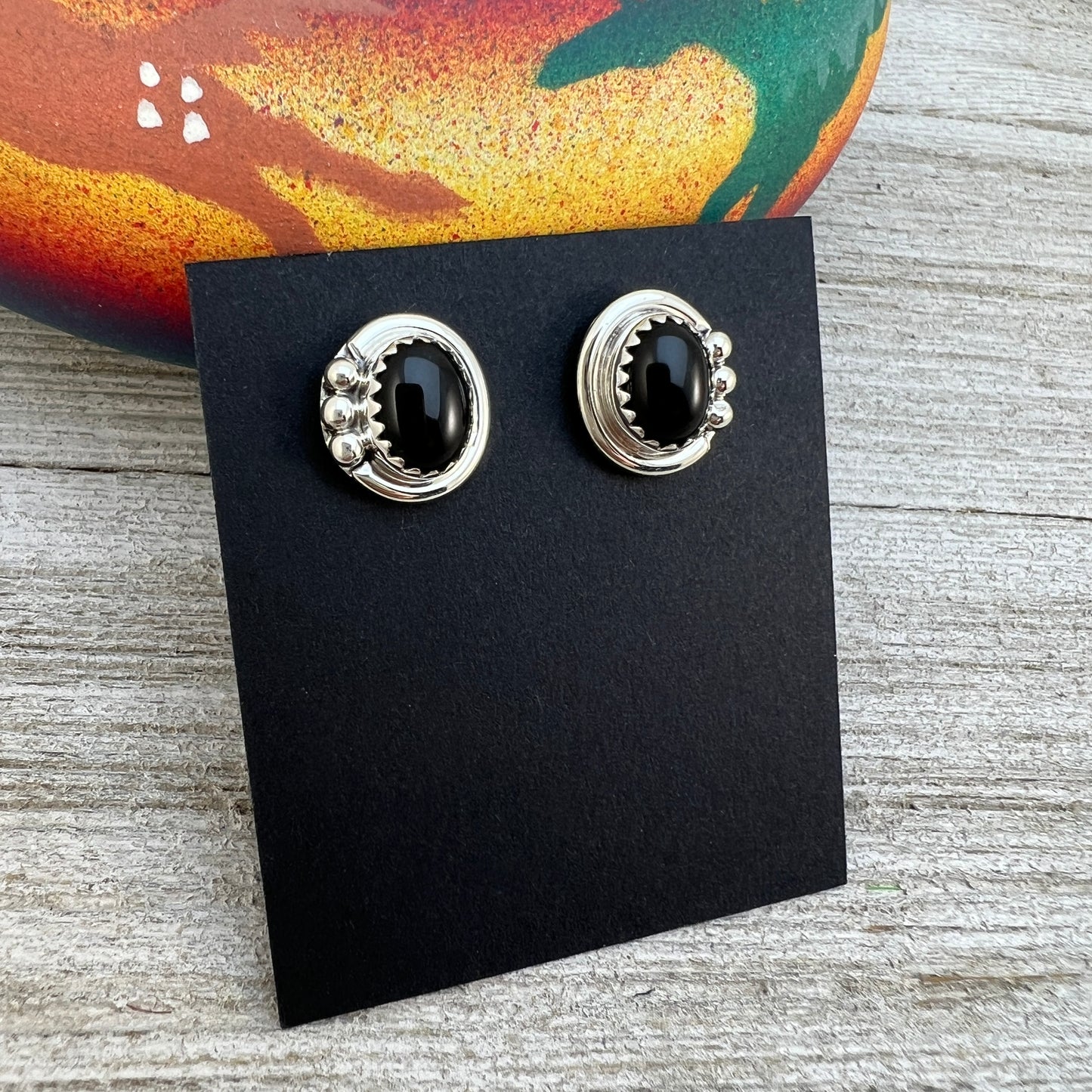 Small Black Onyx Stud post Earrings, navajo handmade,  Rita Largo