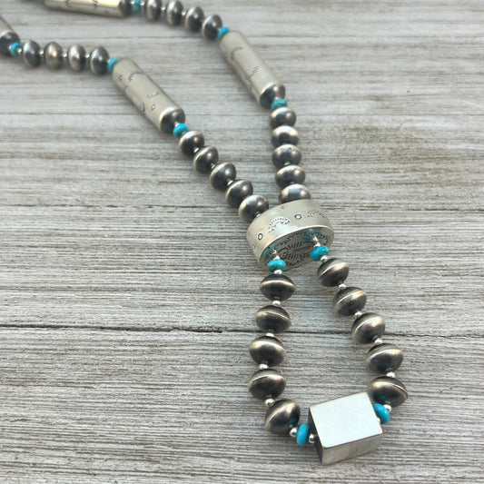 Sterling silver turquoise handmade 12mm bead necklace earrings set, Navajo pearls, signed Sharon Cooley