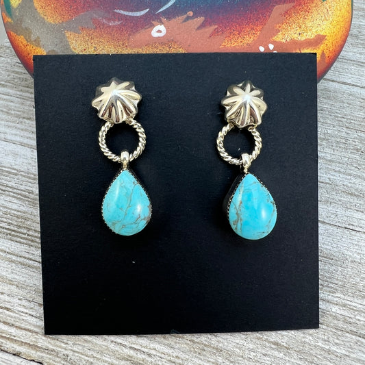 Turquoise teardrop dangle earrings #4, with small concho button post, sterling silver, Kingman Turquoise, Navajo handmade by Sheena Jack