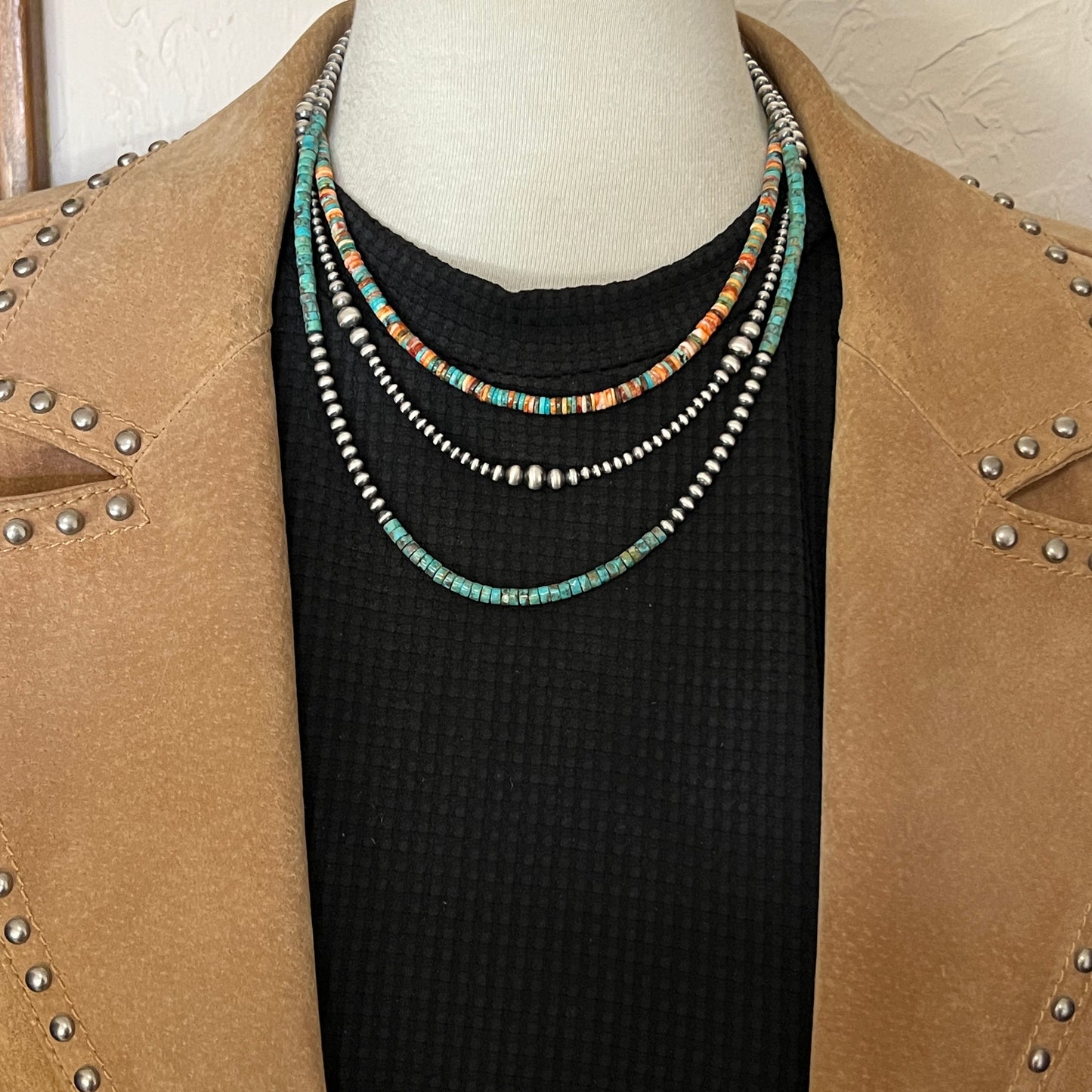 17", 4mm heishi necklace choker, turquoise red orange spiny oyster shell boho necklace