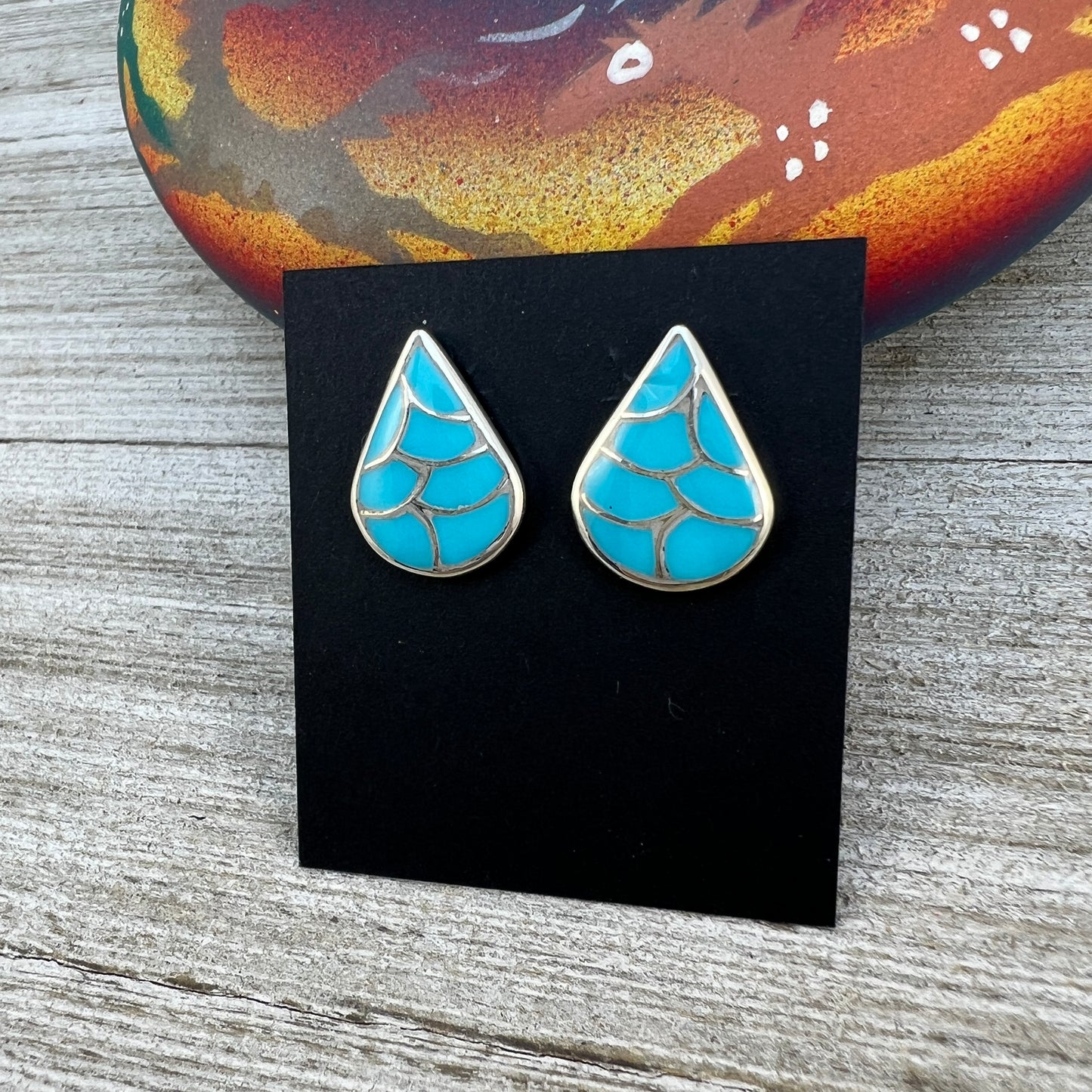 Zuni inlay turquoise fish scale design, teardrop stud small earrings, sterling silver, Orena Leekya