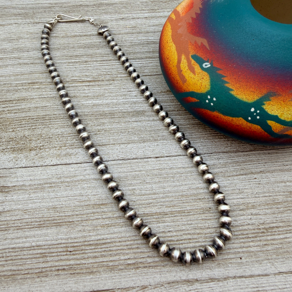 14" Sterling silver Navajo handmade 5mm round bead Pearl necklace Dorinda Mariano signed