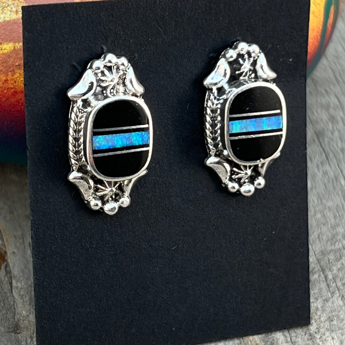 Modern Black Jet Opal Inlay Stud Earrings Sterling Silver James Manygoats Navajo 668
