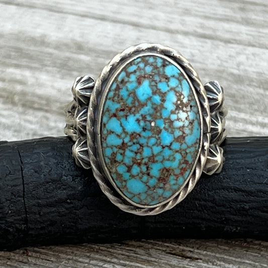 Size 8.5 Spiderweb Kingman Turquoise Sterling Silver Ring Samuel Yellowhair Navajo