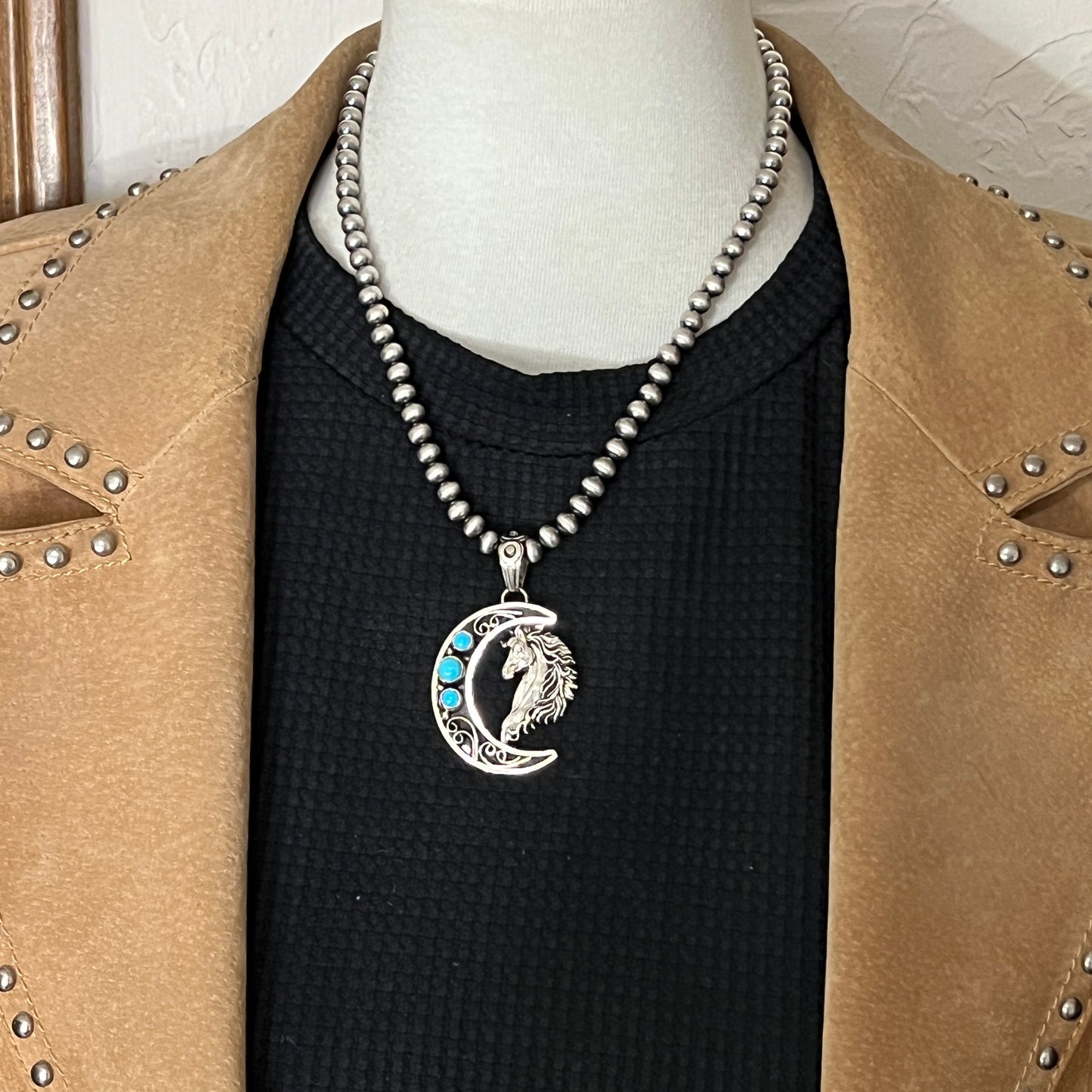 Blue turquoise horse moon pendant sterling silver Jennifer Cayaditto Navajo 818