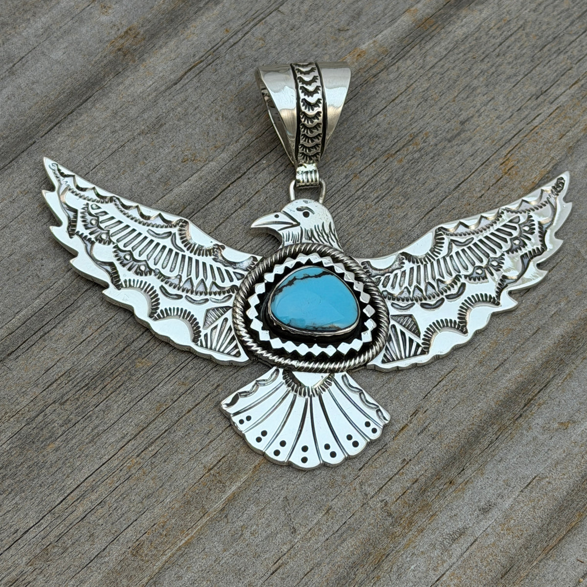 Turquoise Thunderbird Pendant hand stamped Jeremy Delgarito Navajo PD10