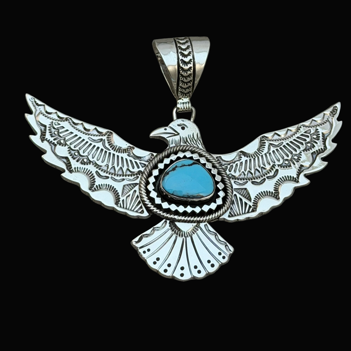 Turquoise Thunderbird Pendant hand stamped Jeremy Delgarito Navajo PD10