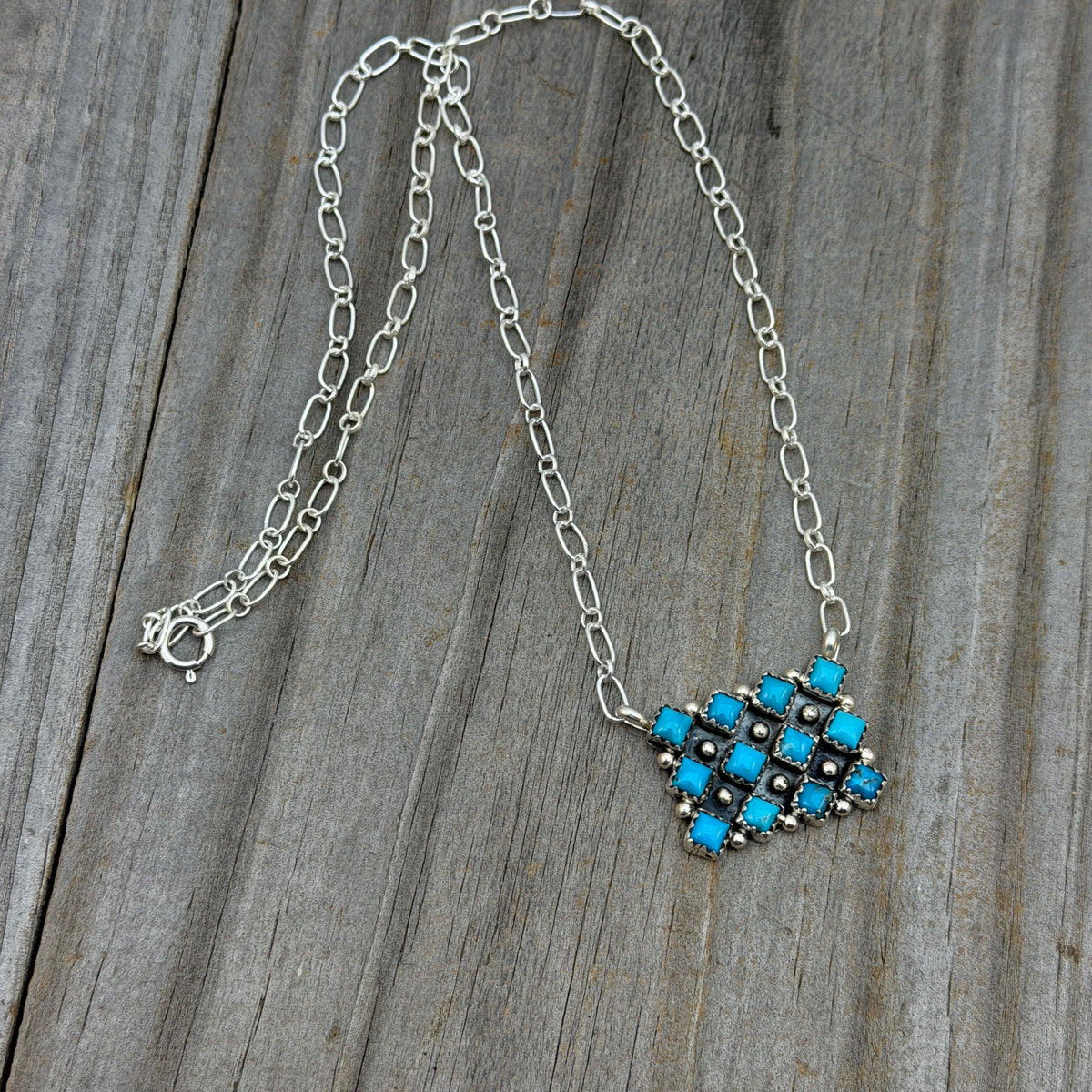 18 1/2" Turquoise Square Station Necklace Navajo Sterling Silver Verley Betone 2