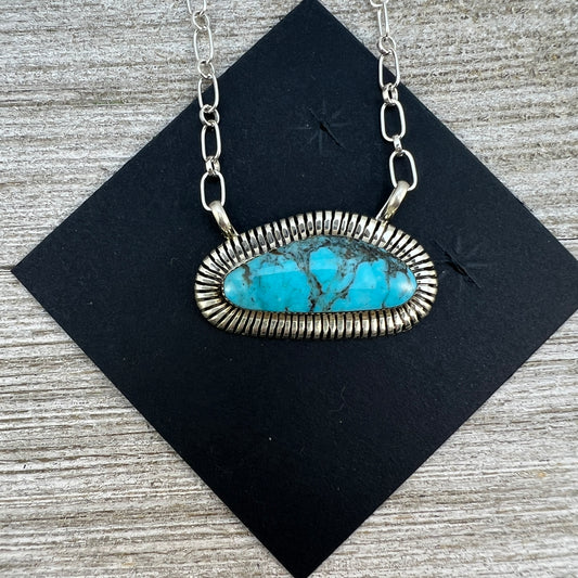 21" Blue Kingman turquoise bar necklace #2, Navajo handmade Charlene Yazzie, sterling silver